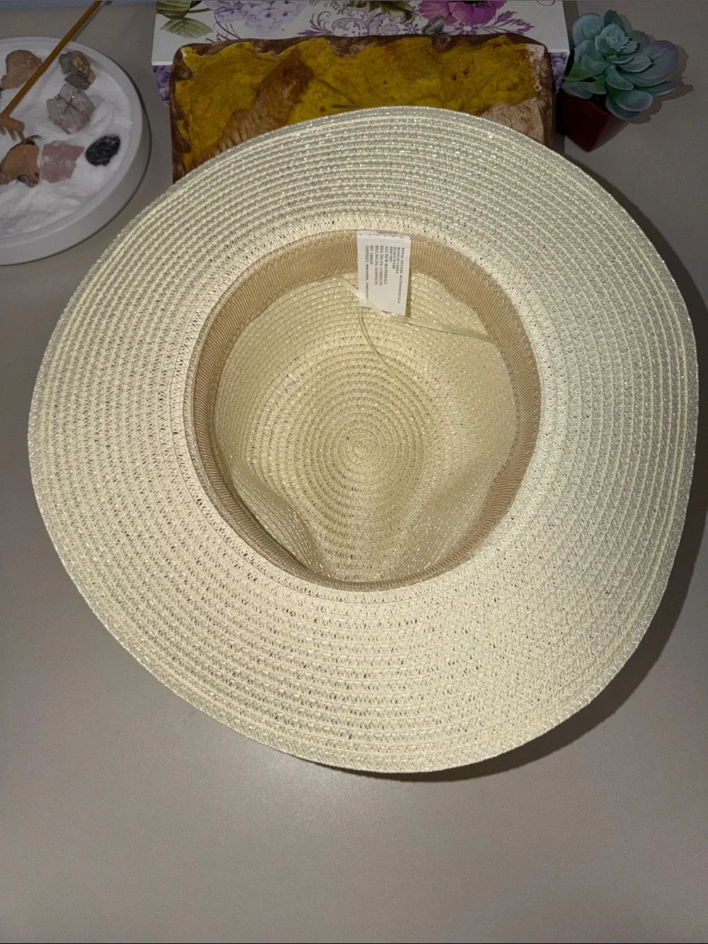 ROYAL Ivory Beaded Silver Tone Chain Triple Cord Tie Coastal Boho Straw Sun Hat